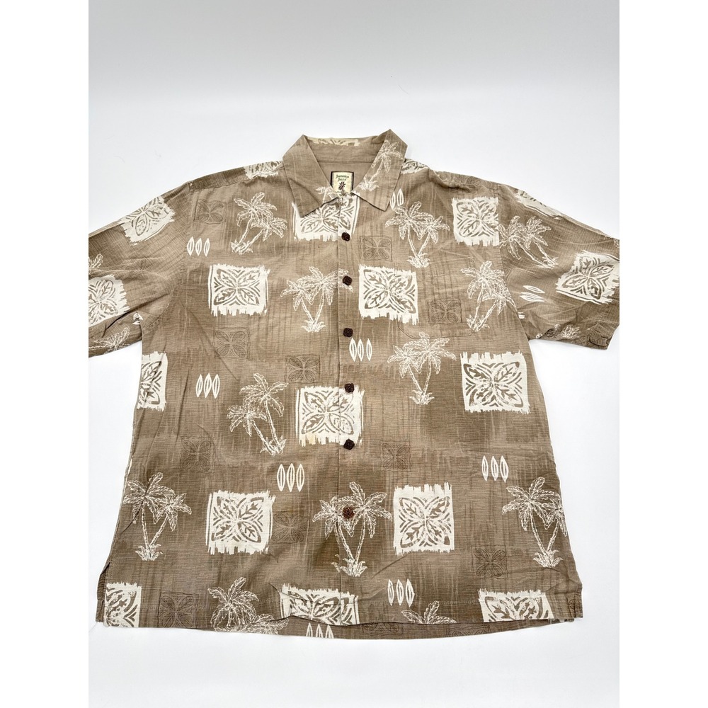 Jamaica Jaxx Mens Large Silk Tropical Palm Tree Camp Shirt Tan Brown SS